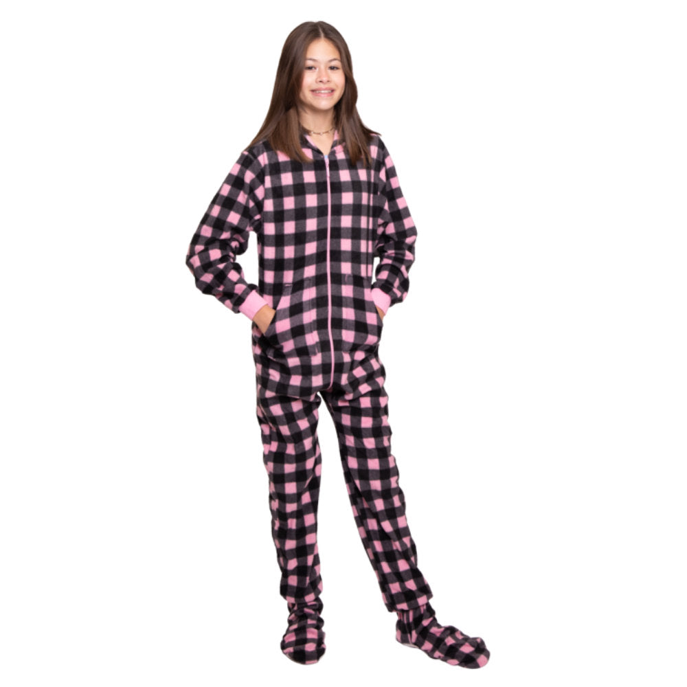 Pink & Black Buffalo Plaid Fleece Pajamas With Hood & Feet for Kids