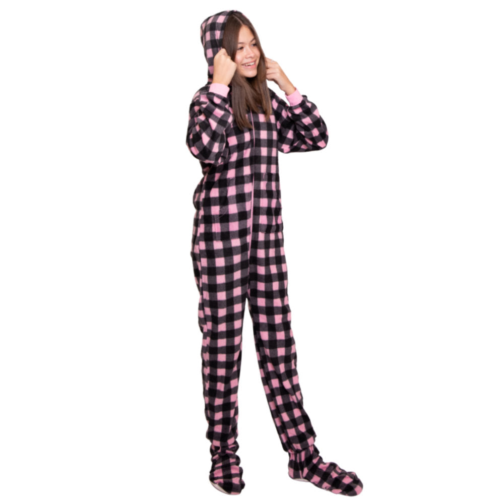 Pink & Black Buffalo Plaid Fleece Pajamas With Hood & Feet for Kids