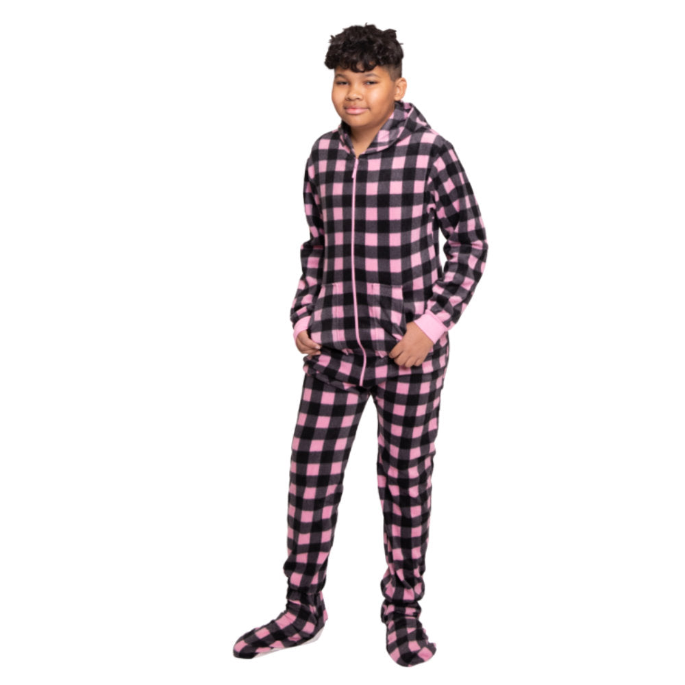 Pink & Black Buffalo Plaid Fleece Pajamas With Hood & Feet for Kids