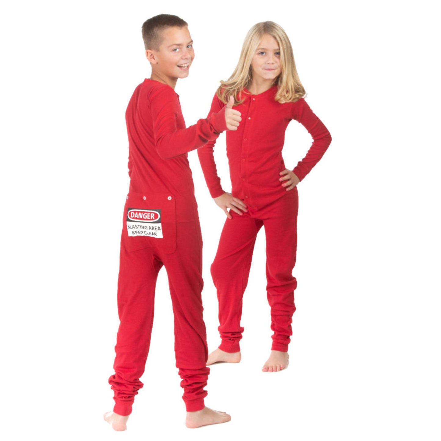 Kids Funny Red Union Suit Pajamas with "DANGER - BLASTING AREA - KEEP CLEAR" Sign on Rear Flap