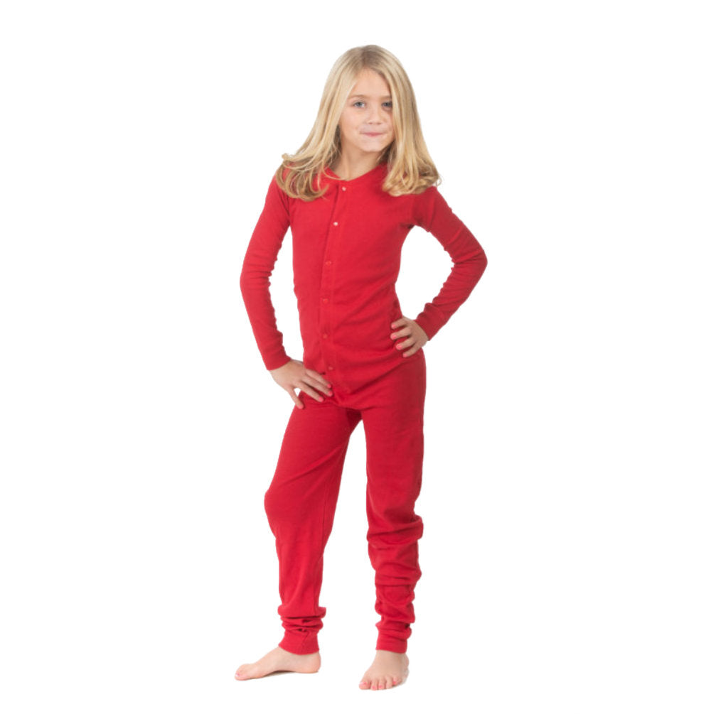 Kids Funny Red Union Suit Pajamas with "DANGER - BLASTING AREA - KEEP CLEAR" Sign on Rear Flap