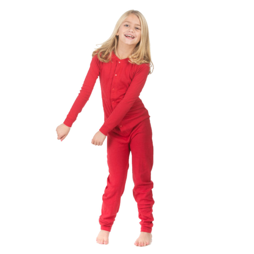 Kids Funny Red Union Suit Pajamas with "DANGER - BLASTING AREA - KEEP CLEAR" Sign on Rear Flap