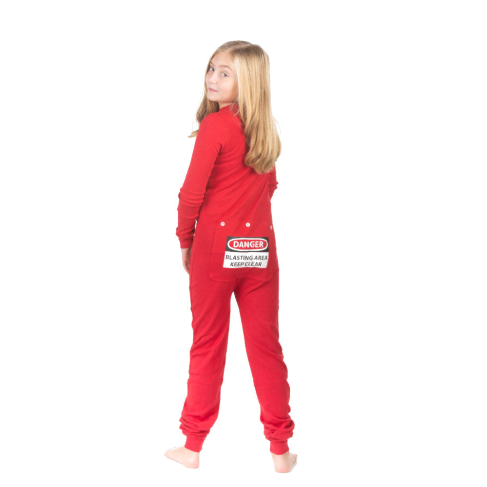 Kids Funny Red Union Suit Pajamas with "DANGER - BLASTING AREA - KEEP CLEAR" Sign on Rear Flap
