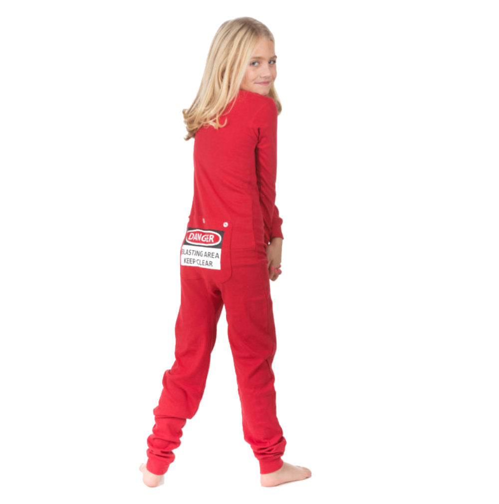 Kids Funny Red Union Suit Pajamas with "DANGER - BLASTING AREA - KEEP CLEAR" Sign on Rear Flap