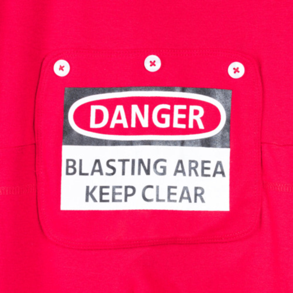 Kids Funny Red Union Suit Pajamas with "DANGER - BLASTING AREA - KEEP CLEAR" Sign on Rear Flap