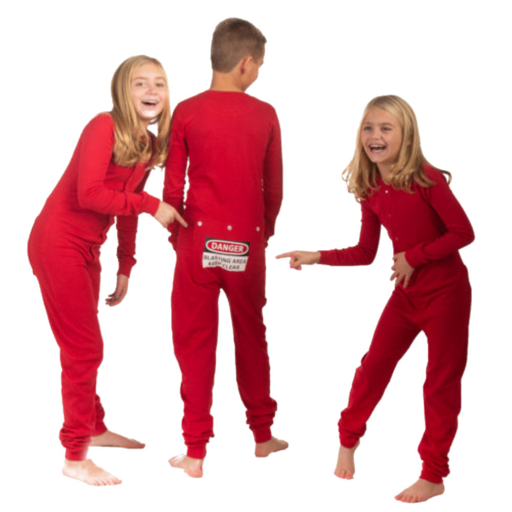 Kids Funny Red Union Suit Pajamas with "DANGER - BLASTING AREA - KEEP CLEAR" Sign on Rear Flap