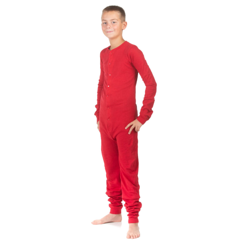 Kids Funny Red Union Suit Pajamas with "DANGER - BLASTING AREA - KEEP CLEAR" Sign on Rear Flap