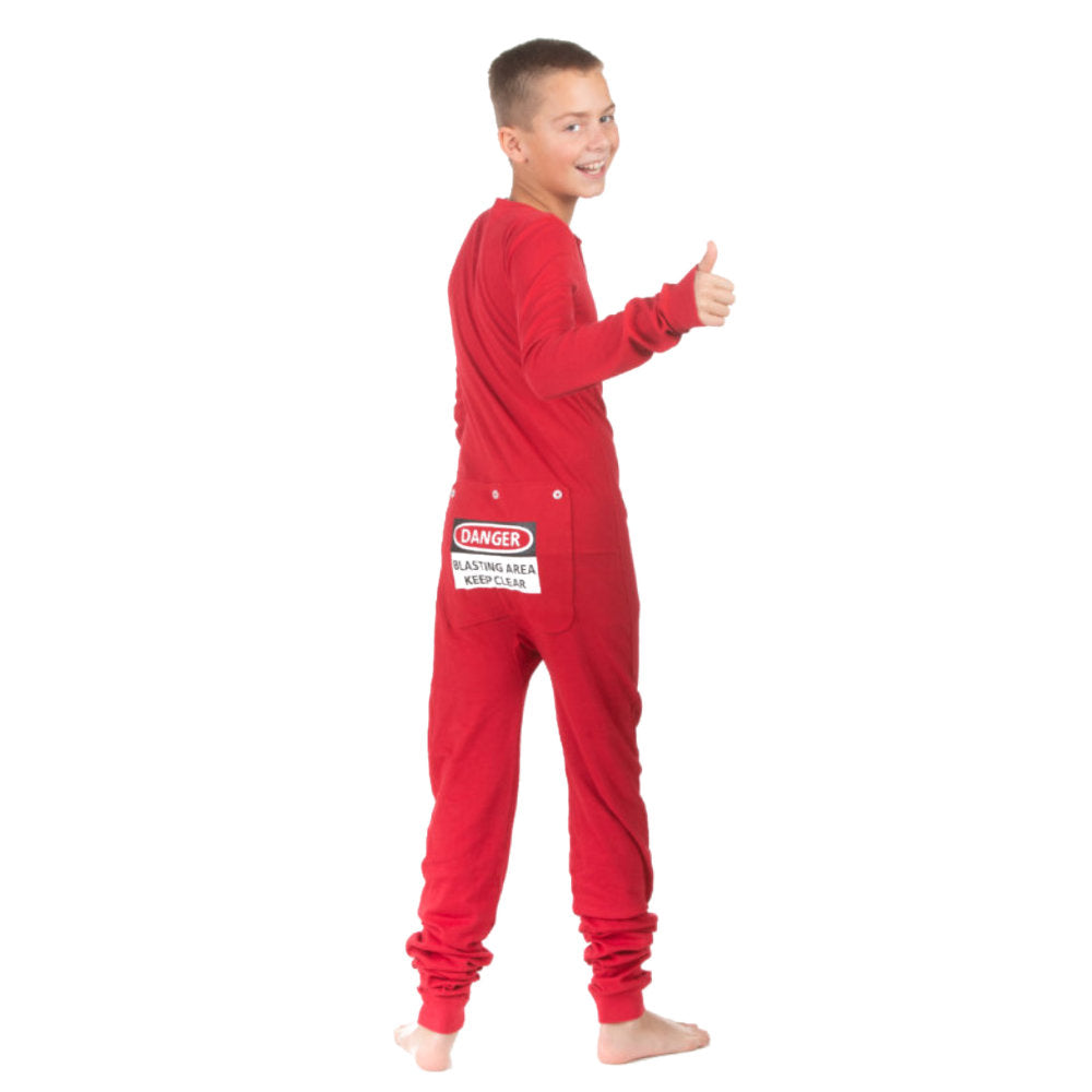 Kids Funny Red Union Suit Pajamas with "DANGER - BLASTING AREA - KEEP CLEAR" Sign on Rear Flap