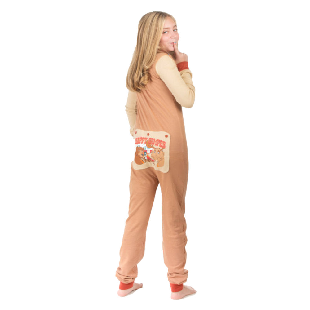 A girl wearing a brown and beige Happy Camper onesie from the Big Feet Pajama collection of 100% cotton Union Suit Sleepwear and Playwear. The onesies feature a "Happy Camper" badge on the chest. These onesies have long sleeves, cuffs, a snap-up front, and a decorative rear flap with the Happy Camper Bear and Moose by the fire at their campsite.