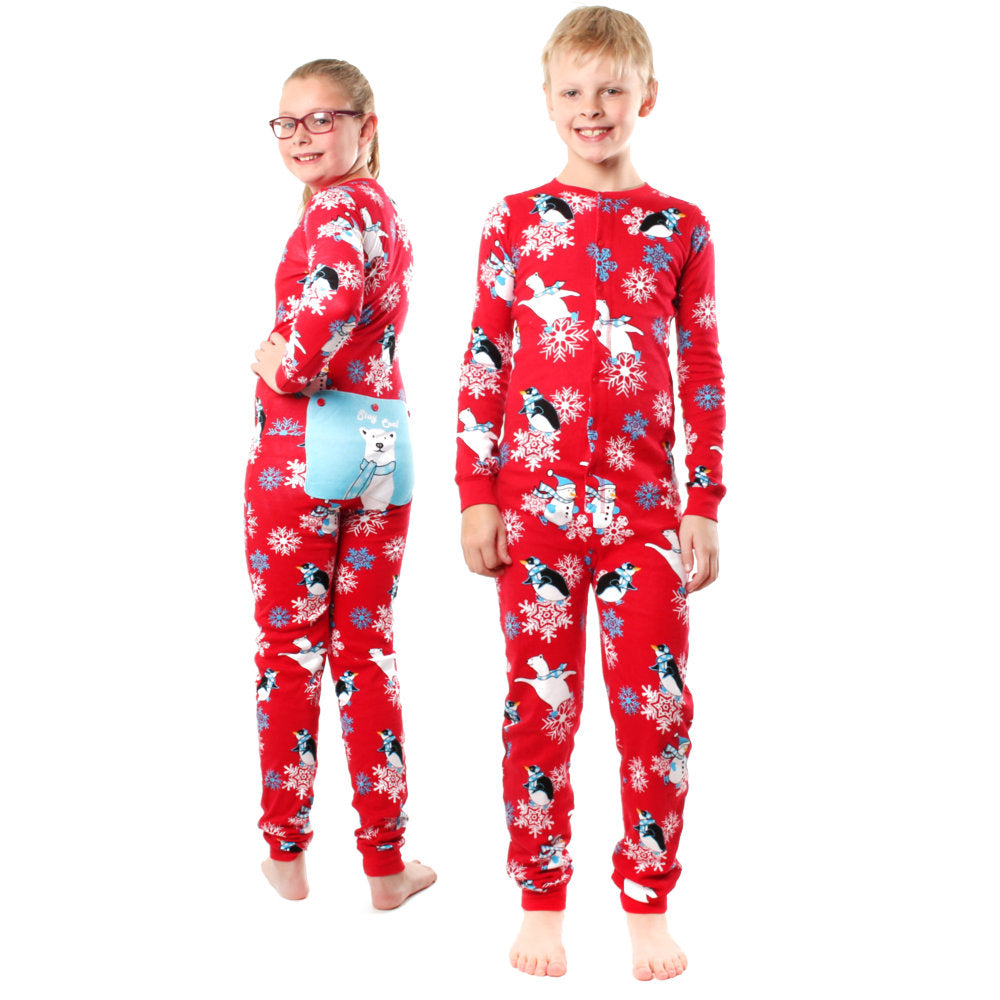 Winter Fun Penguins Union Suit Boys & Girls Onesie Pajamas Stay Cool Polar Rear Flap