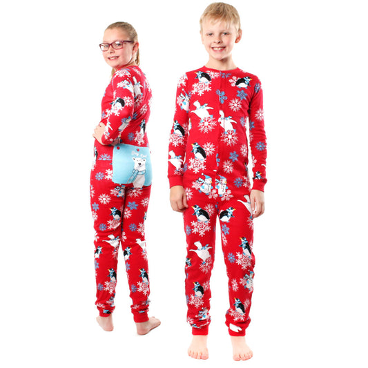 Winter Fun Penguins Union Suit Boys & Girls Onesie Pajamas Stay Cool Polar Rear Flap