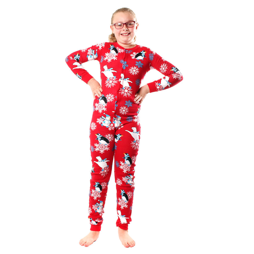 Winter Fun Penguins Union Suit Boys & Girls Onesie Pajamas Stay Cool Polar Rear Flap