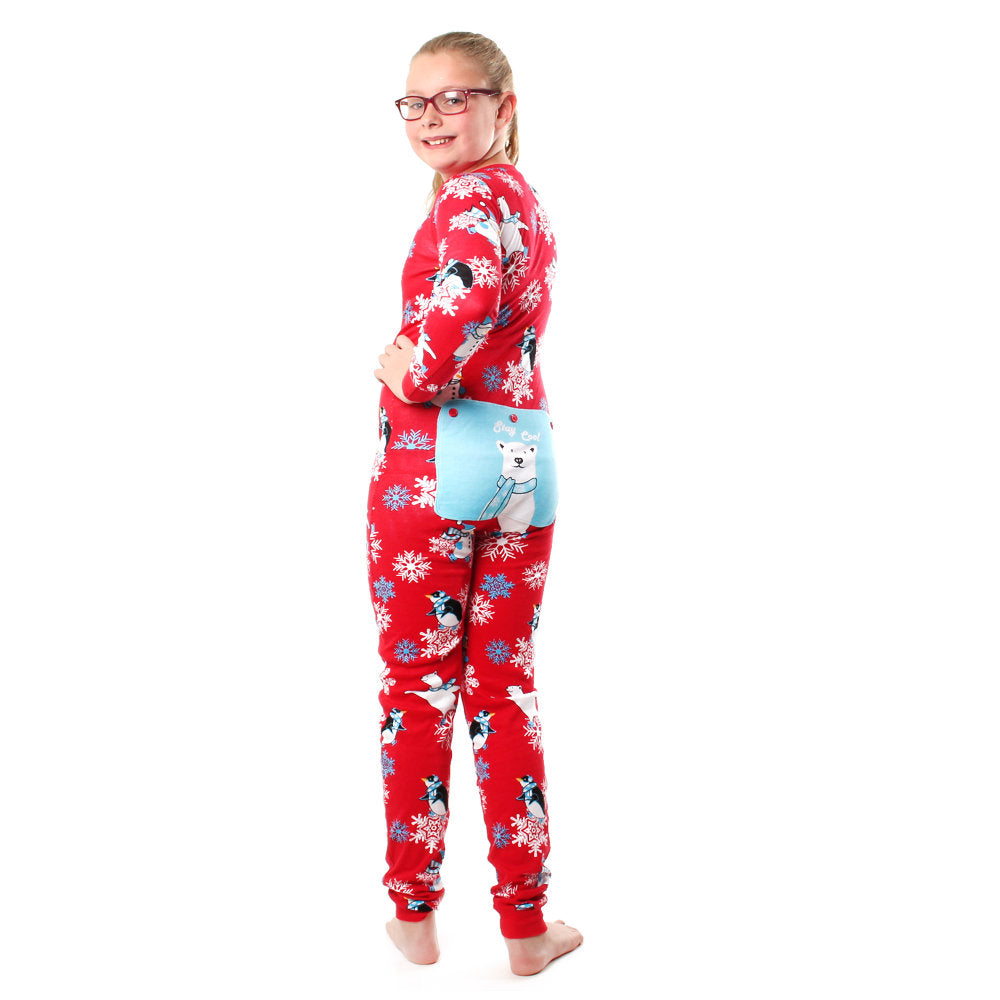 Winter Fun Penguins Union Suit Boys & Girls Onesie Pajamas Stay Cool Polar Rear Flap
