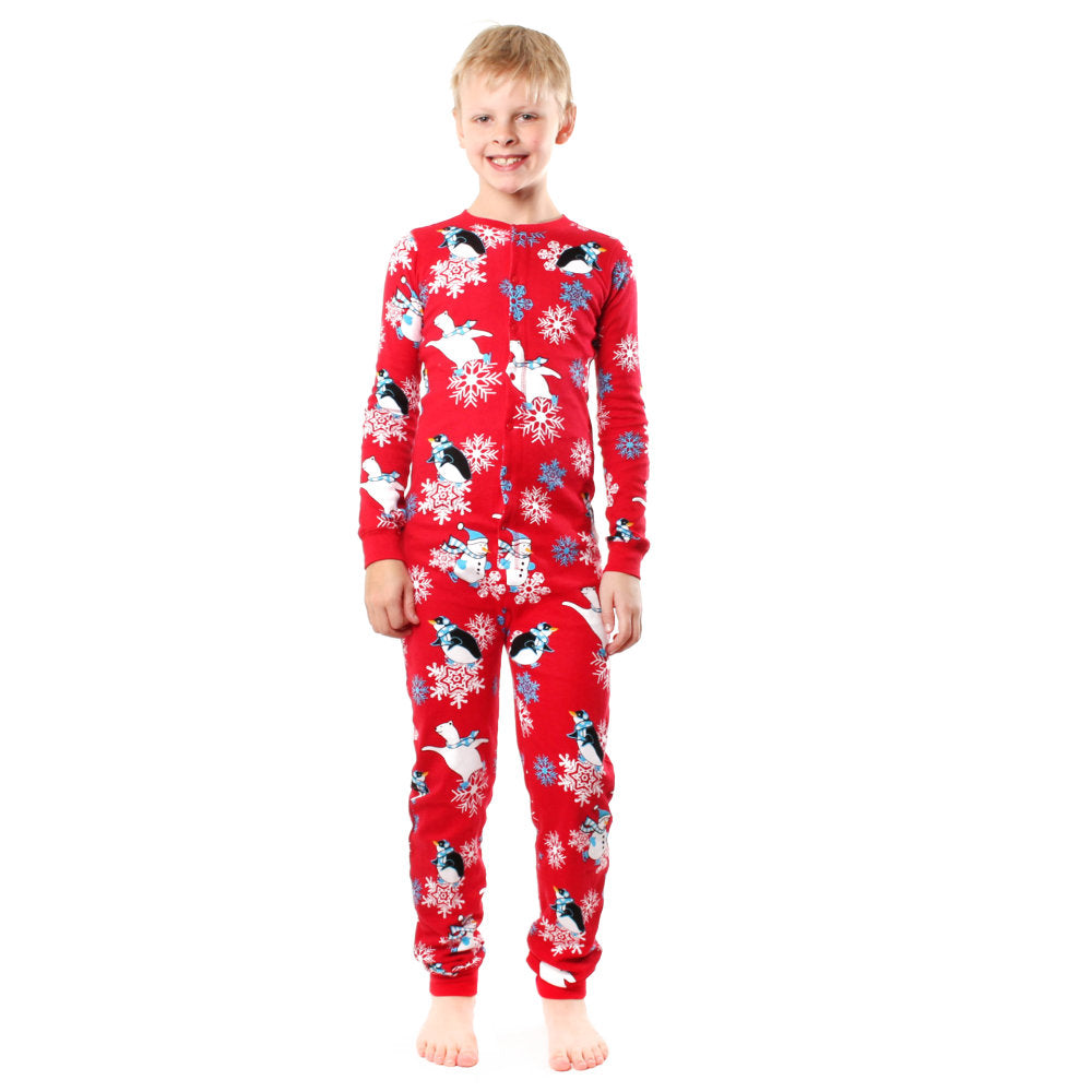 Winter Fun Penguins Union Suit Boys & Girls Onesie Pajamas Stay Cool Polar Rear Flap