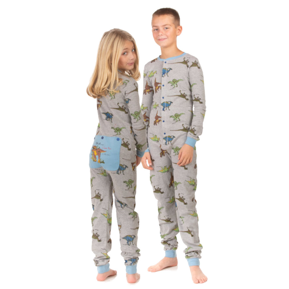 A brother and his sister are wearing matching cotton footless onesies from Big Feet Pajama Company. These onesies have five different dinosaurs printed all over them.