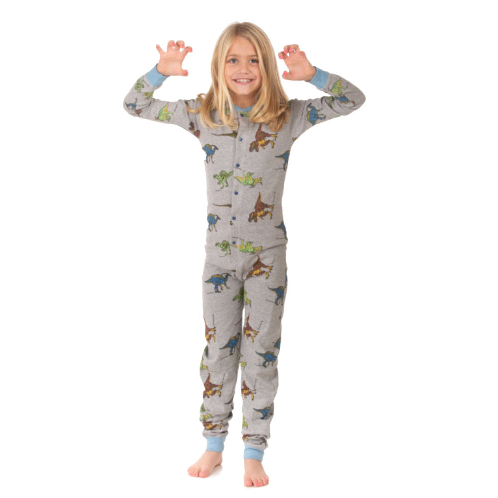 Dinosaur Union Suit Boys & Girls Onesie Pajamas T-Rex on Rear Flap, Kids 4 - 14