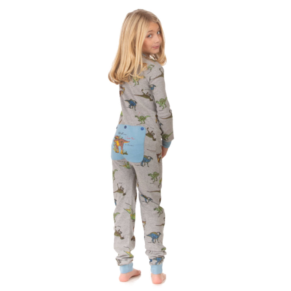 A girl is wearing heather blue cotton footless onesies from Big Feet Pajama Company. These onesies have five different dinosaurs printed all over them plus a T-Rex on the butt flap.