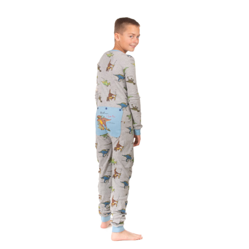 Dinosaur Union Suit Boys & Girls Onesie Pajamas T-Rex on Rear Flap, Kids 4 - 14