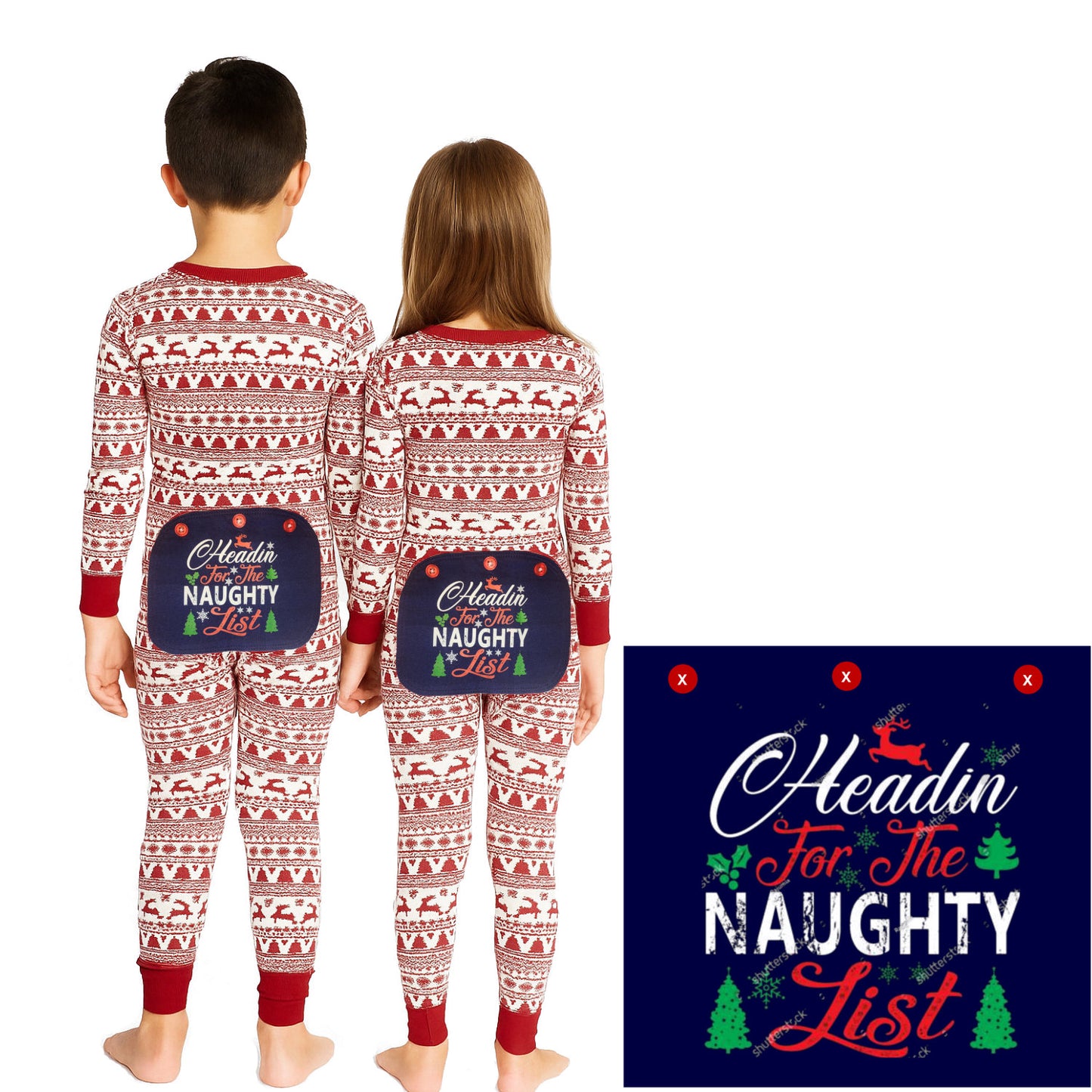 Funny Onesie Union Suit Kids Pajamas Sign on Rear, "HEADIN For The NAUGHTY List"