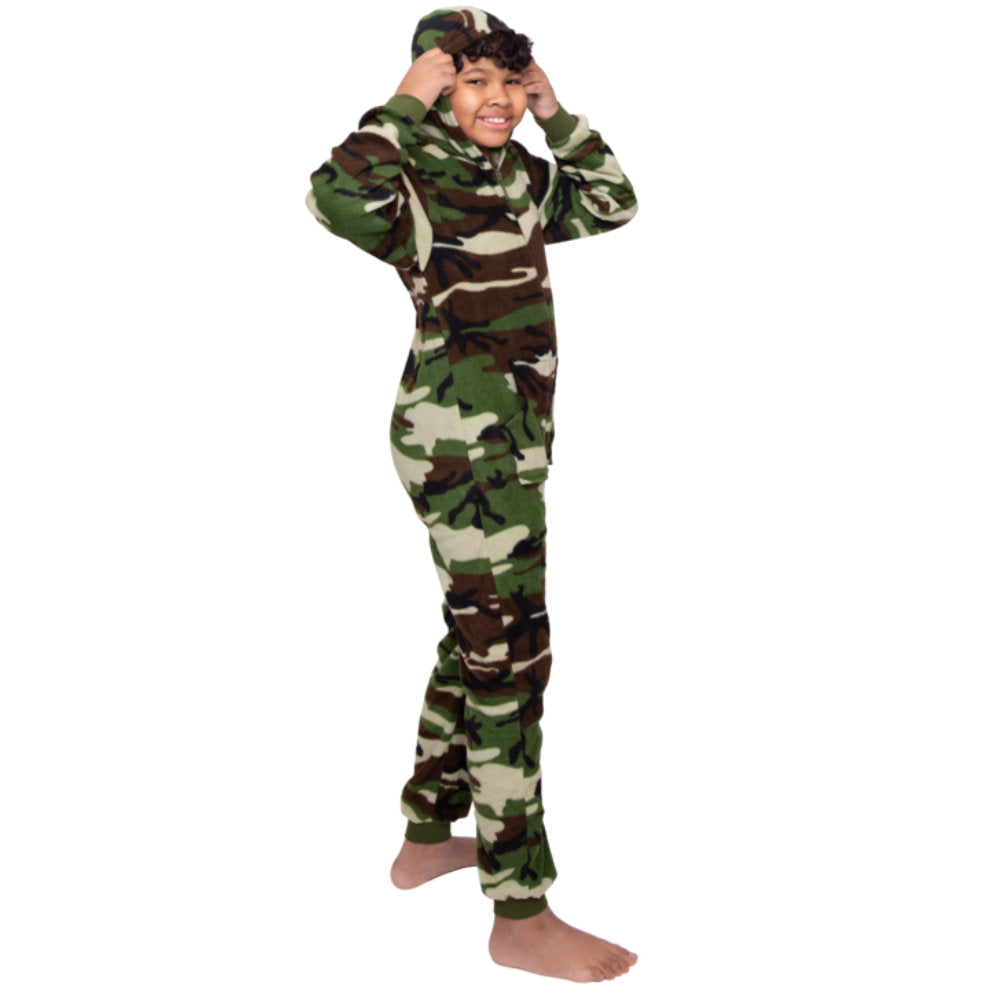 Hoodie Fleece Camouflage Onesie Jumpsuit for Boys & Girls | One-Piece Footless