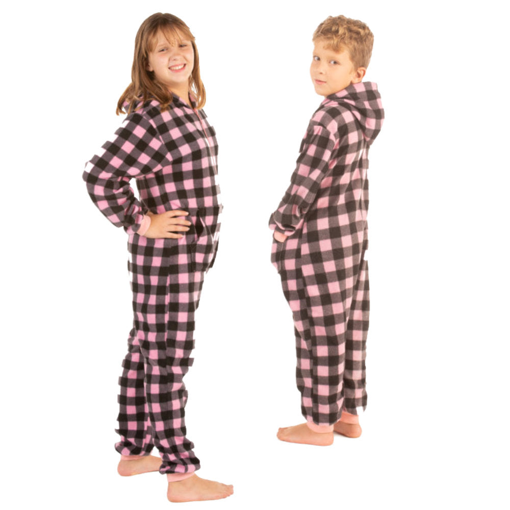 Kids Pink & Black Buffalo Plaid Fleece Onesie Jumpsuit Pajamas With Hood