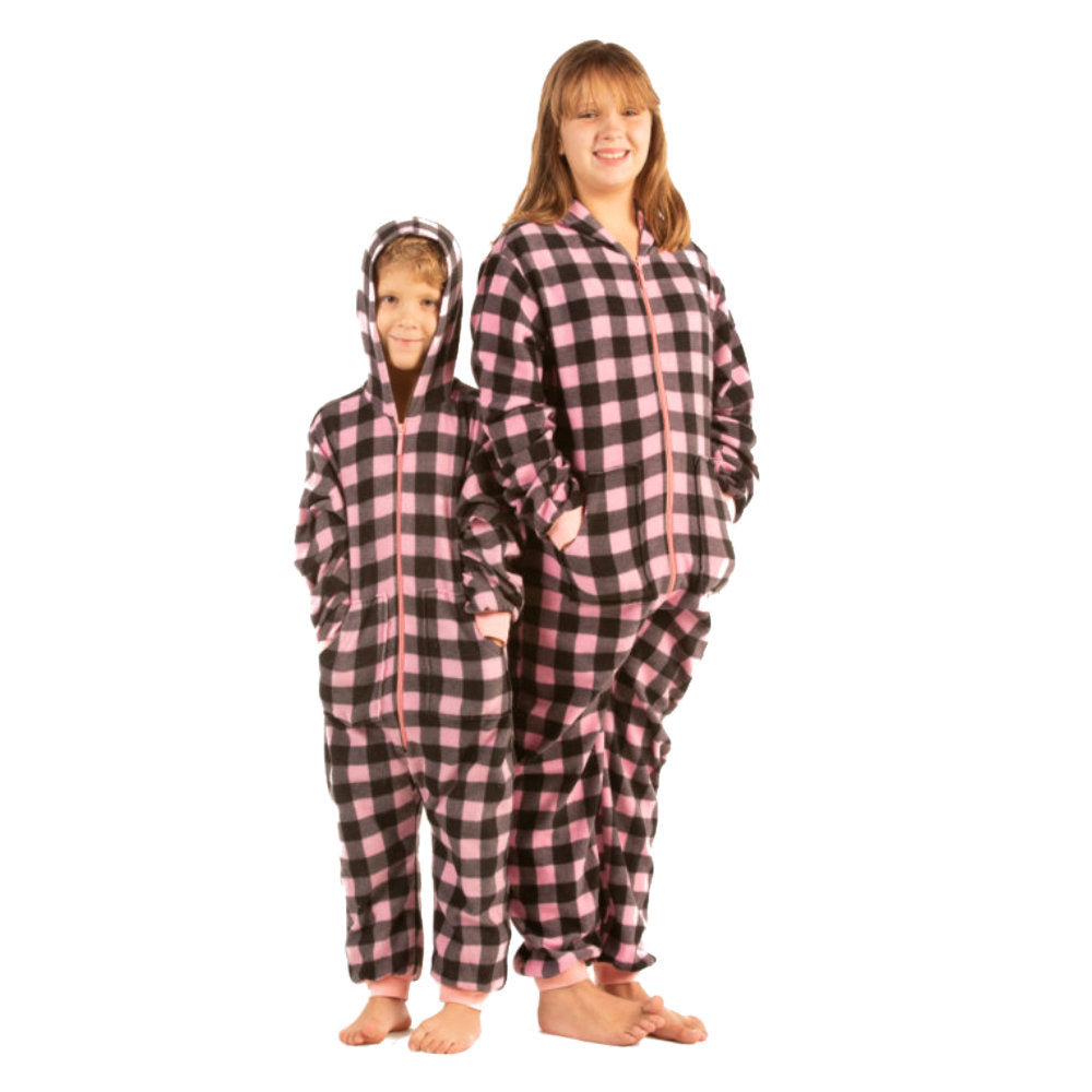 Kids Pink & Black Buffalo Plaid Fleece Onesie Jumpsuit Pajamas With Hood