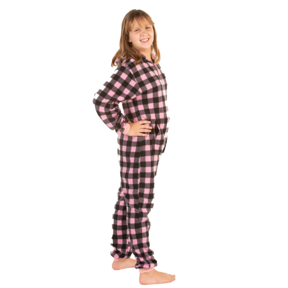Kids Pink & Black Buffalo Plaid Fleece Onesie Jumpsuit Pajamas With Hood