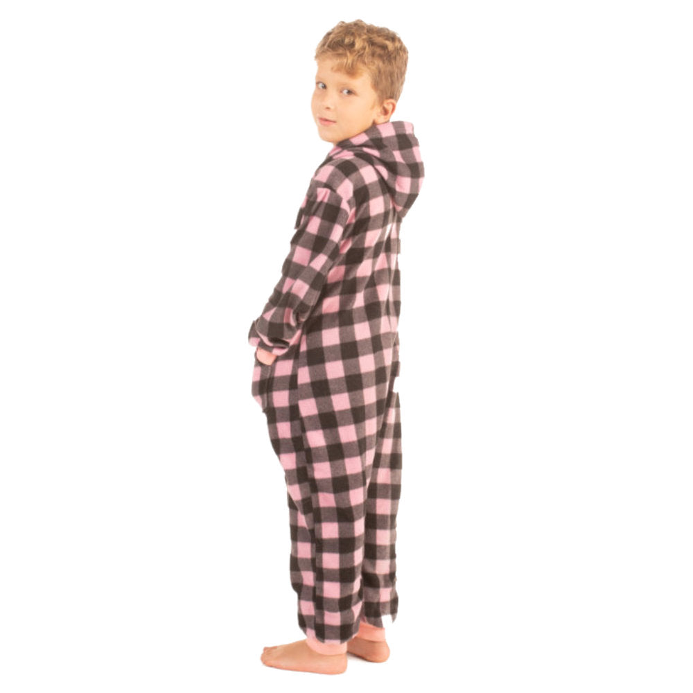Kids Pink & Black Buffalo Plaid Fleece Onesie Jumpsuit Pajamas With Hood