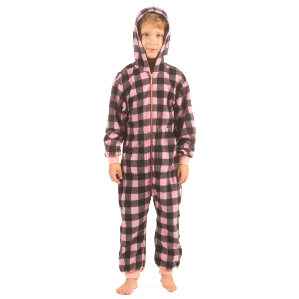 Kids Pink & Black Buffalo Plaid Fleece Onesie Jumpsuit Pajamas With Hood