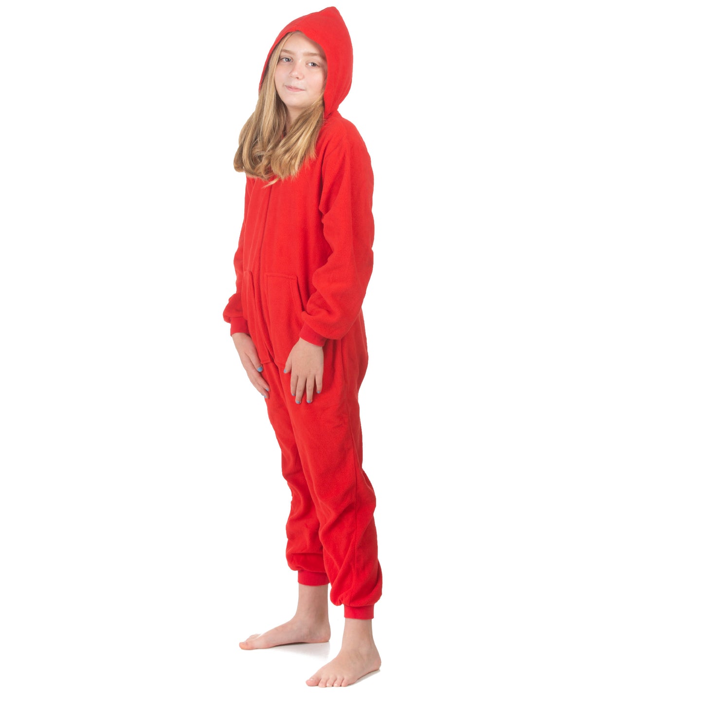 A girl wearing hoodie footless red fleece onesie jumpsuit pajamas from Big Feet Pajama Company.