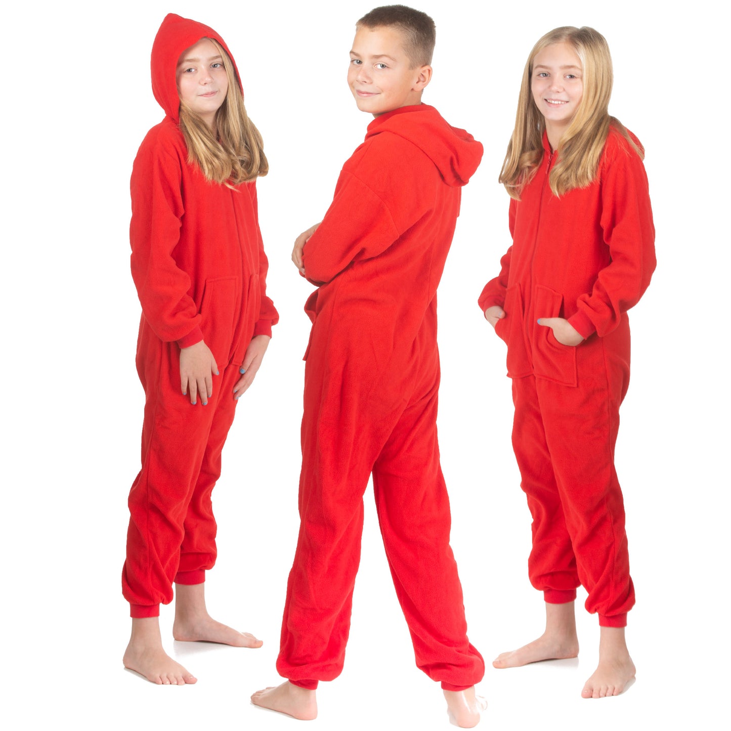 Brother and his two sisters are posing for Christmas pictures wearing red fleece hoodie-footless onesie pajama jumpsuits from the Big Feet Pajama Company. Some have the hood on or hands in the kangaroo pockets.