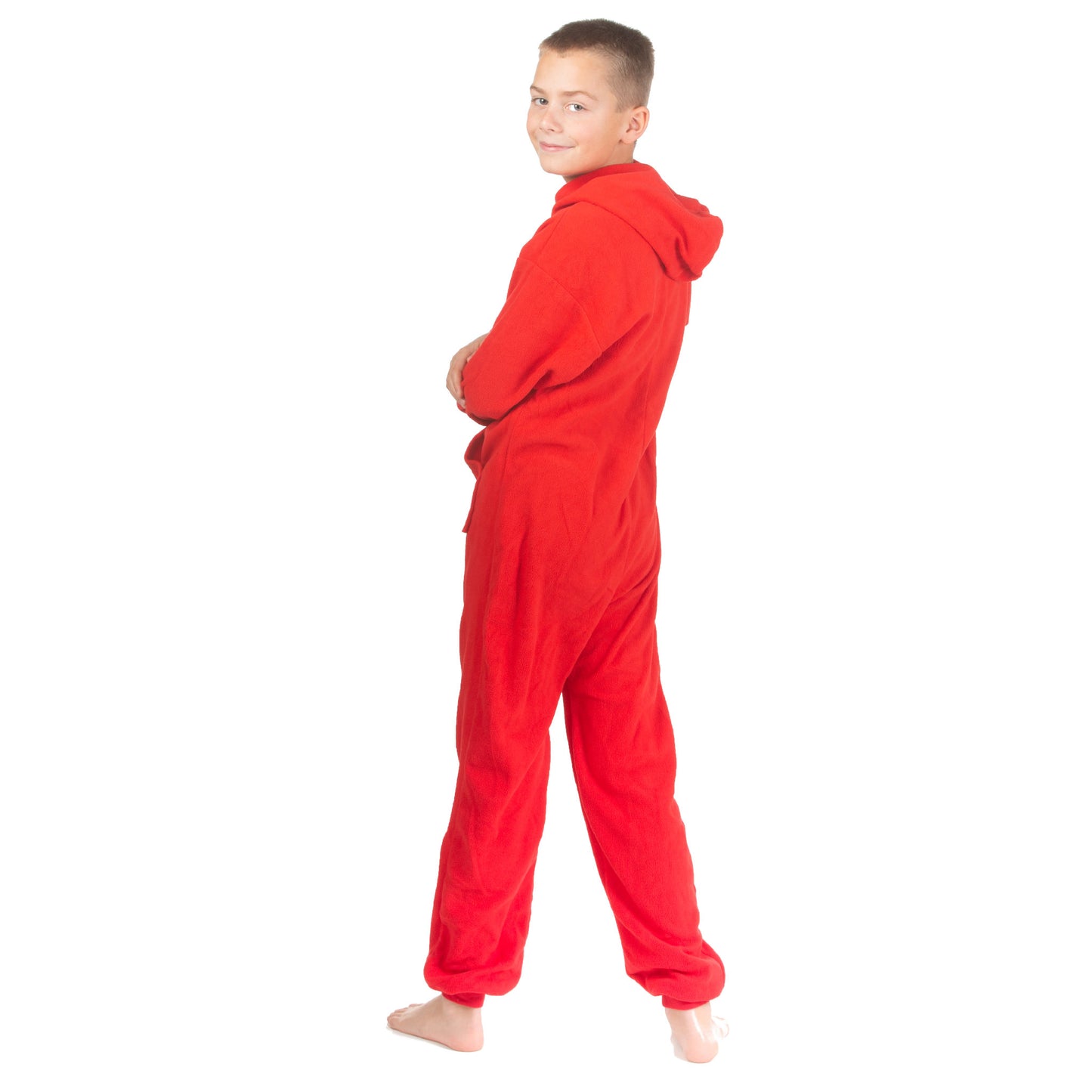 A boy wearing hoodie footless red fleece onesie jumpsuit pajamas from Big Feet Pajama Company.
