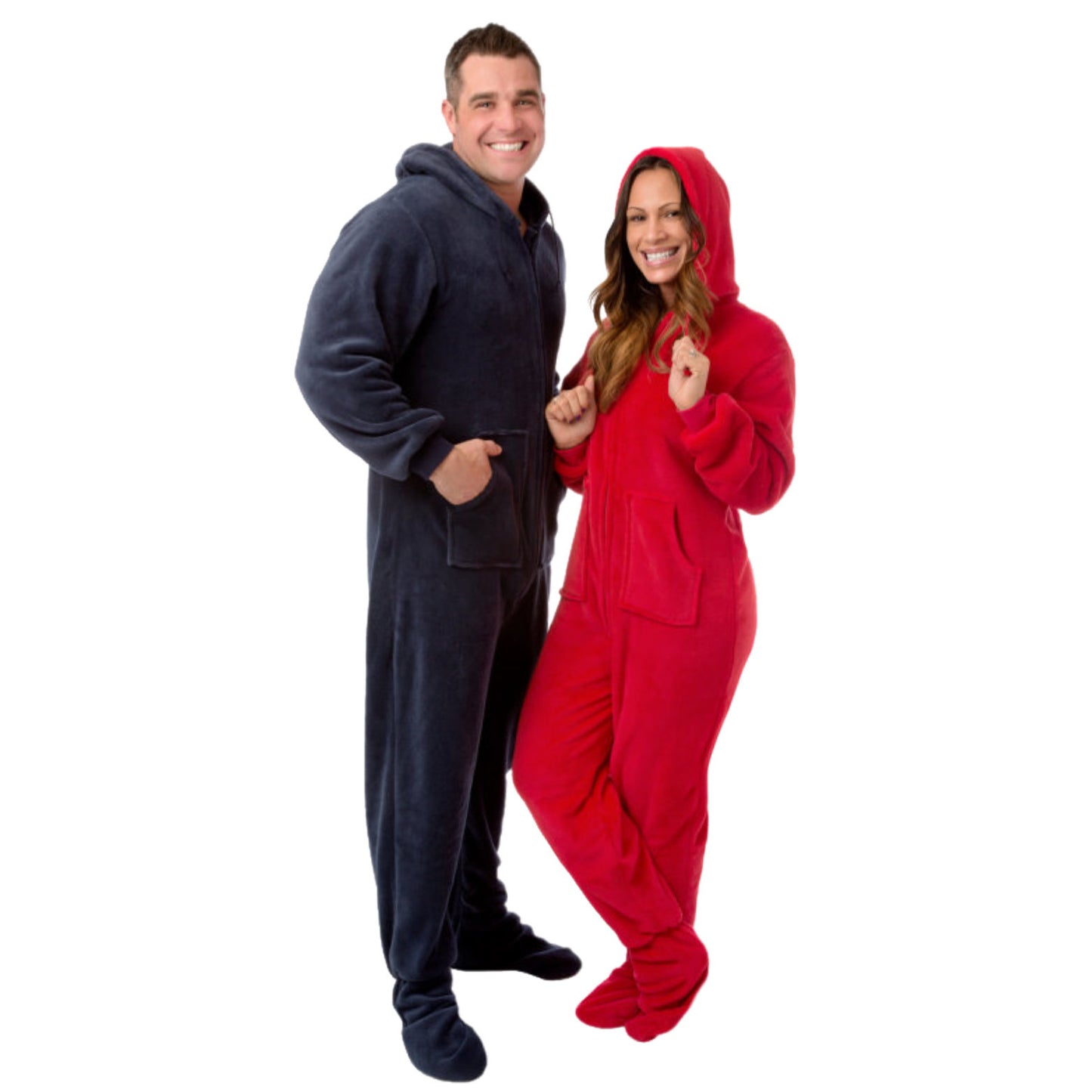 Navy-Blue Plush Hooded Footed Onesie Pajamas for Men & Women