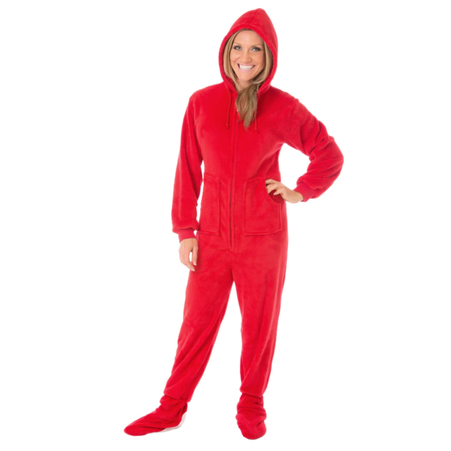 Hoodie Footed Red Plush Onesie Pajamas for Men & Women