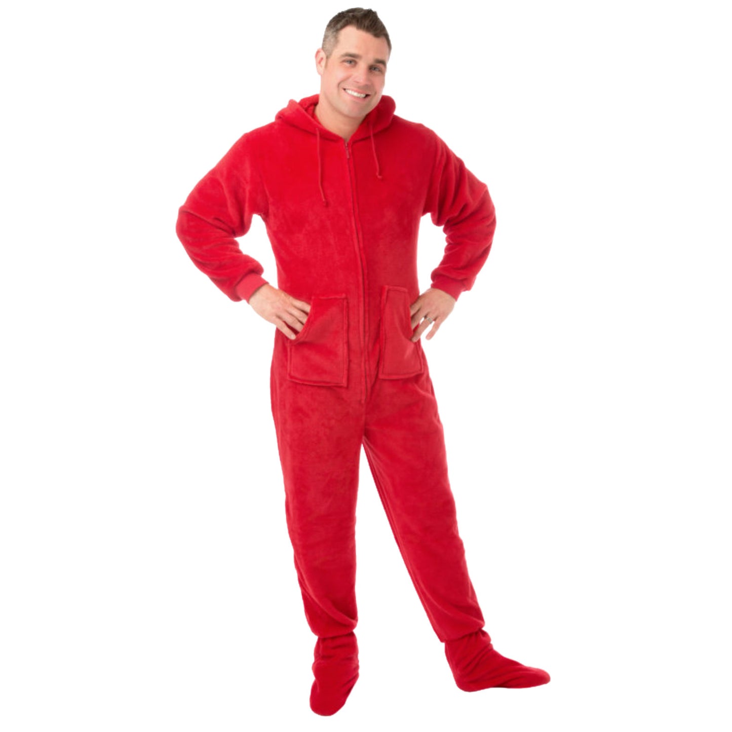 Hoodie Footed Red Plush Onesie Pajamas for Men & Women