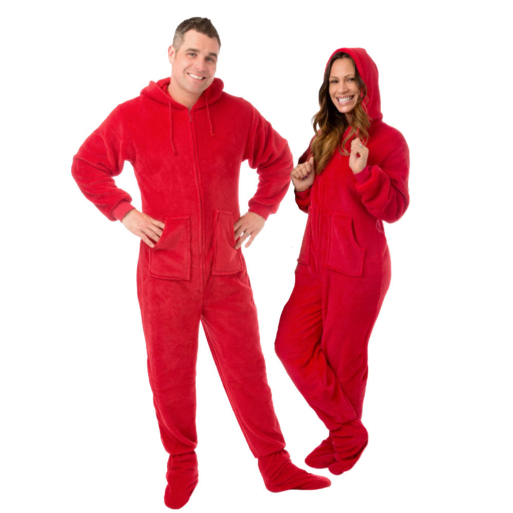 Hoodie Footed Red Plush Onesie Pajamas for Men & Women