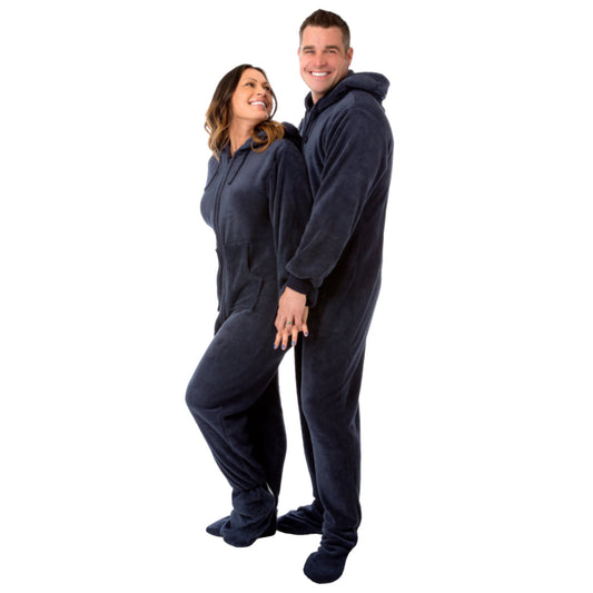 Navy-Blue Plush Hooded Footed Onesie Pajamas for Men & Women