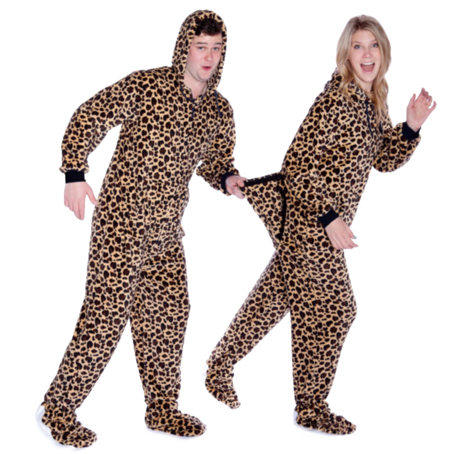Plush Adult Footed Pajamas With Hood in Leopard Print