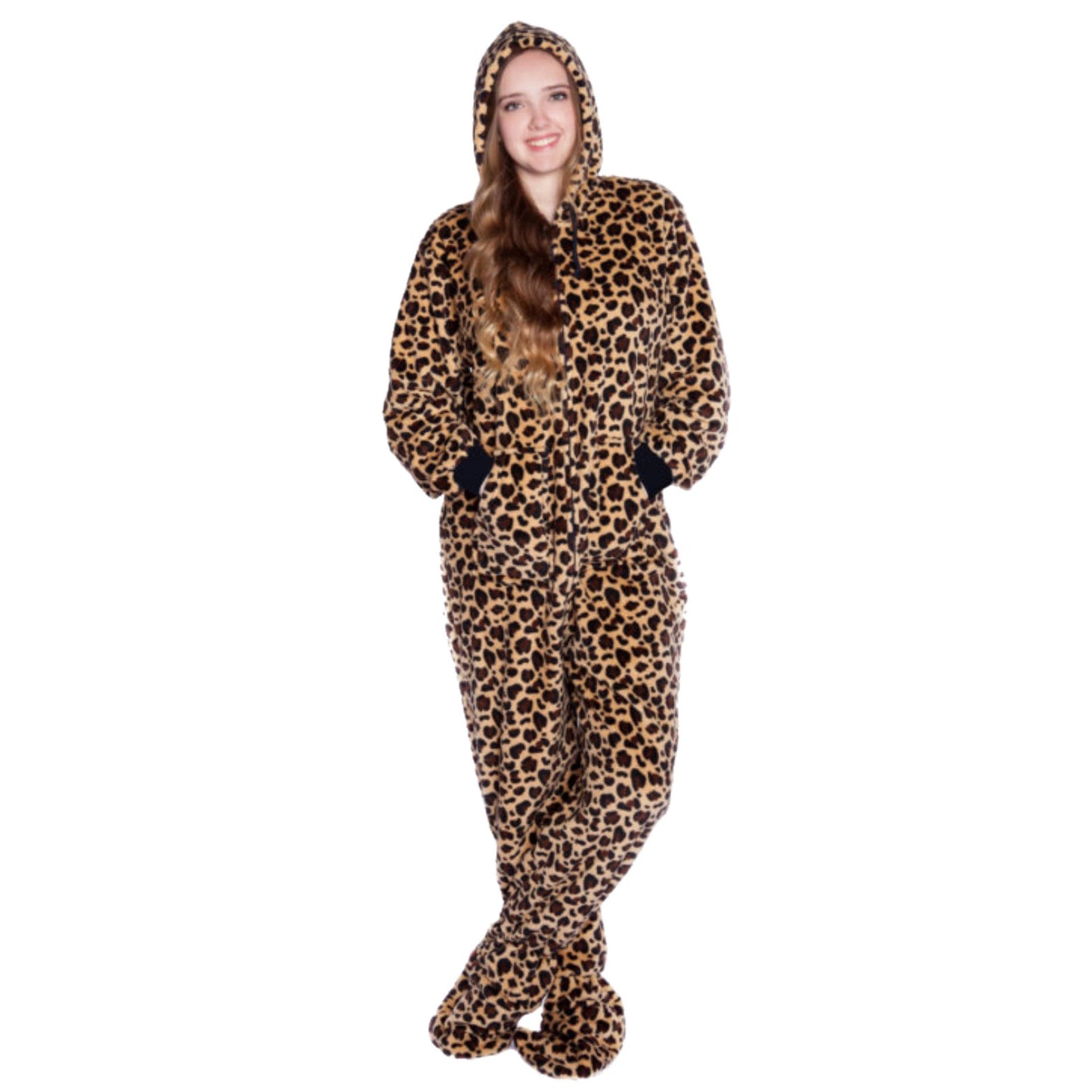 Plush Adult Footed Pajamas With Hood in Leopard Print