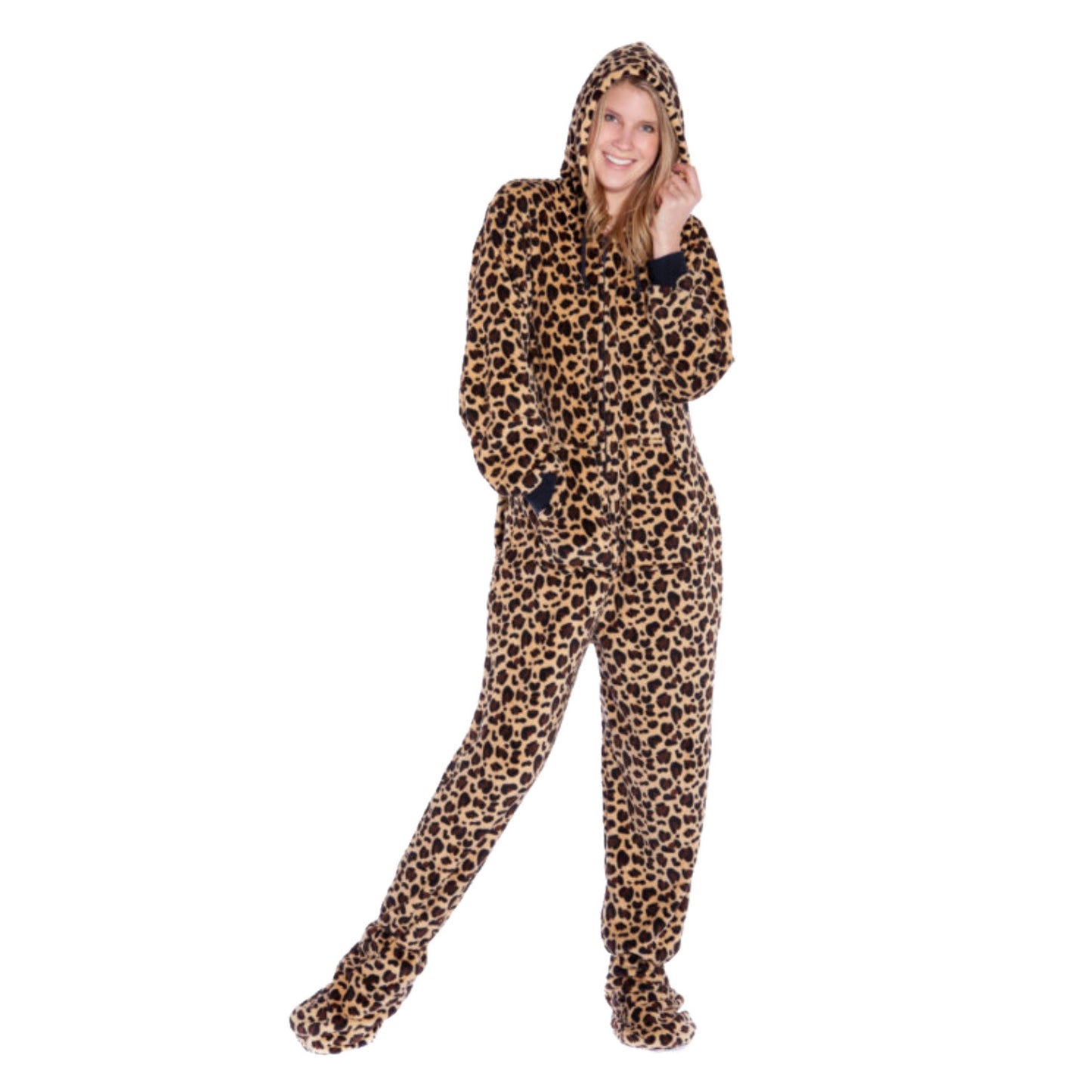 Plush Adult Footed Pajamas With Hood in Leopard Print