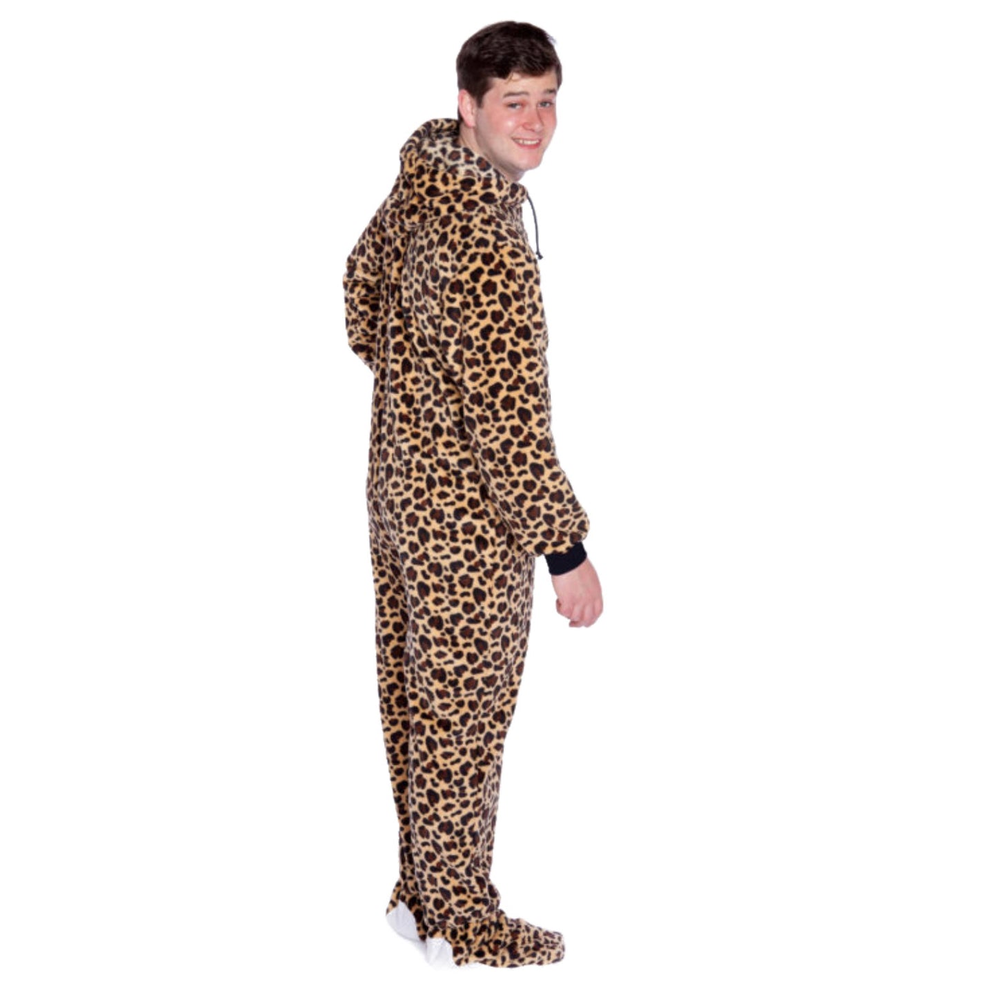 Plush Adult Footed Pajamas With Hood in Leopard Print