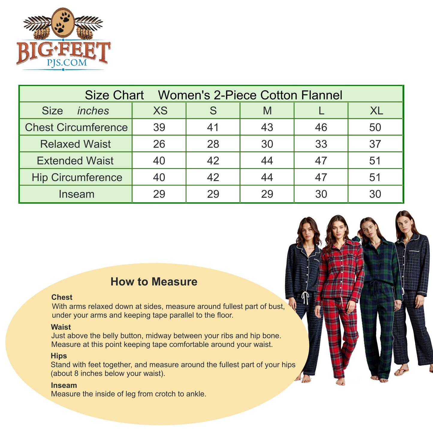 Size chart, in inches, for 2 piece soft cotton flannel pajamas for women from Big Fet Pajama Company. Includes how to correctly measure your chest, waist, hips, and inseam.
