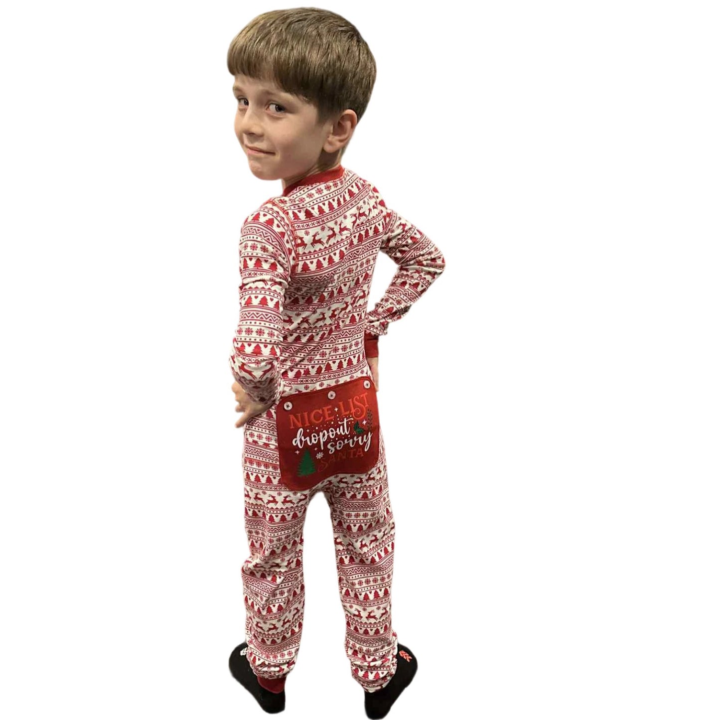 Funny Onesie Union Suit Kids Pajamas Sign on Rear, "NICE LIST Dropout Sorry SANTA"