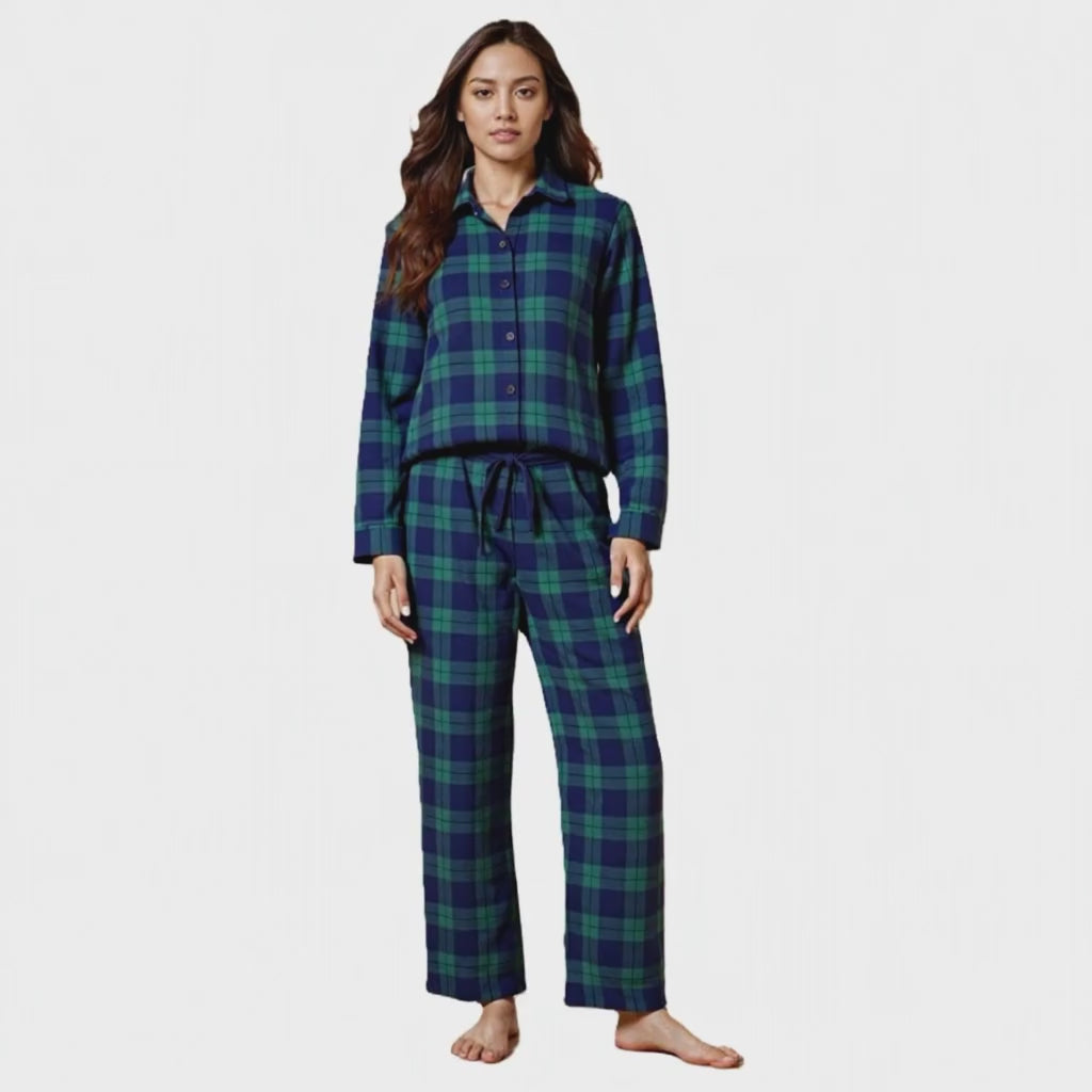 360-degree video of women's 2-piece Navy Blue and Green scotch plaid soft cotton flannel pajamas from Big Fet Pajama Company.