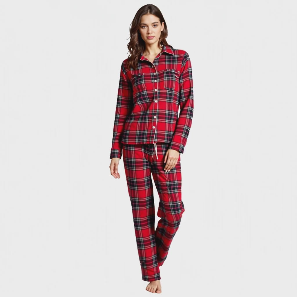 Woman model showing a 360-view of her red & black plaid cotton flannel 2-piece pajama set from Big Feet Pajamas
