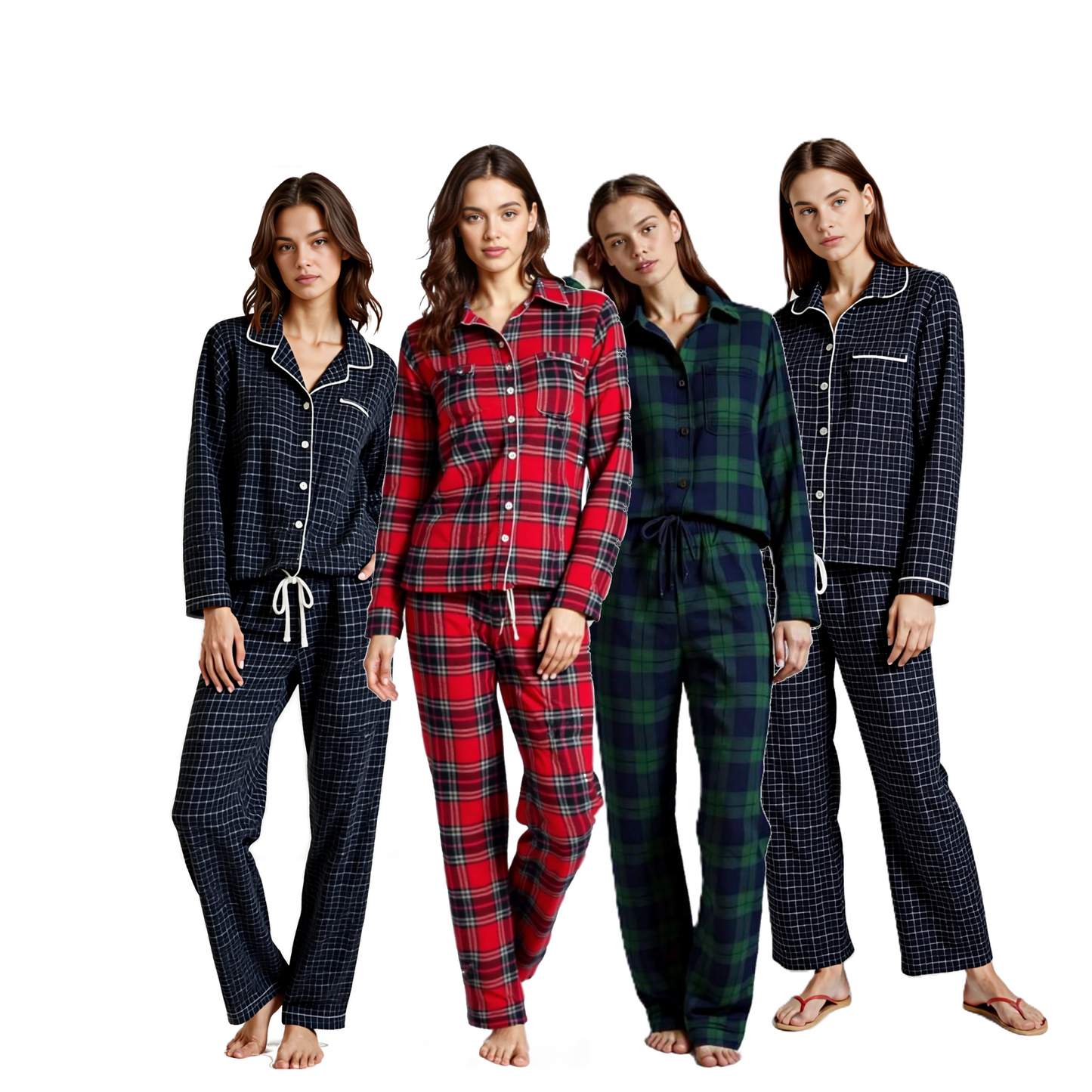 Women's Brushed Cotton Navy & Green Plaid Flannel Pajamas | 2 piece