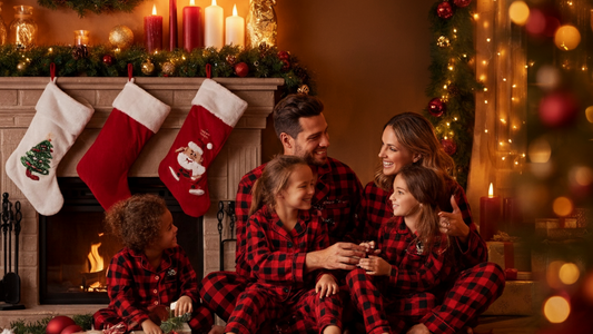 Happy family in matching buffalo plaid pajamas celebrating Christmas by a cozy fireplace, showcasing holiday joy and togetherness