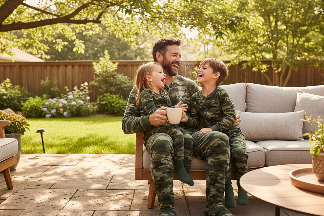 Dad and kids wearing matching green camo fleece footed pajamas laughing on a sunny backyard patio on Father's Day