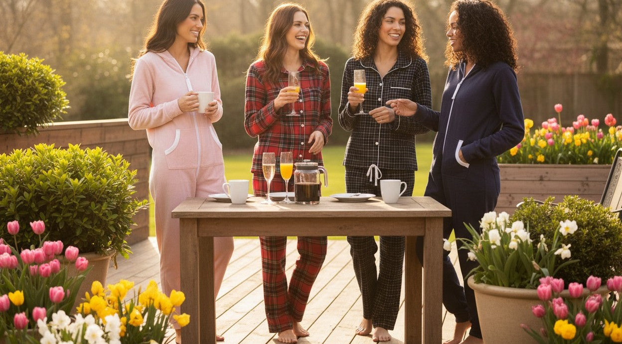 Women wearing hoodie jumpsuits and plaid flannel pajamas celebrating Mother's Day on a sunny backyard patio with coffee and mimosas