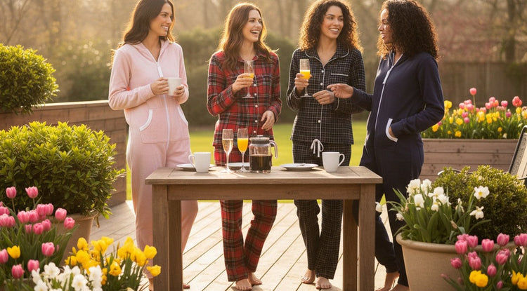 Women wearing hoodie jumpsuits and plaid flannel pajamas celebrating Mother's Day on a sunny backyard patio with coffee and mimosas